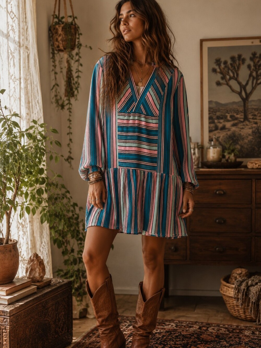Marie Oliver Teal, Pink & White Striped Long Sleeve Dress Designer
